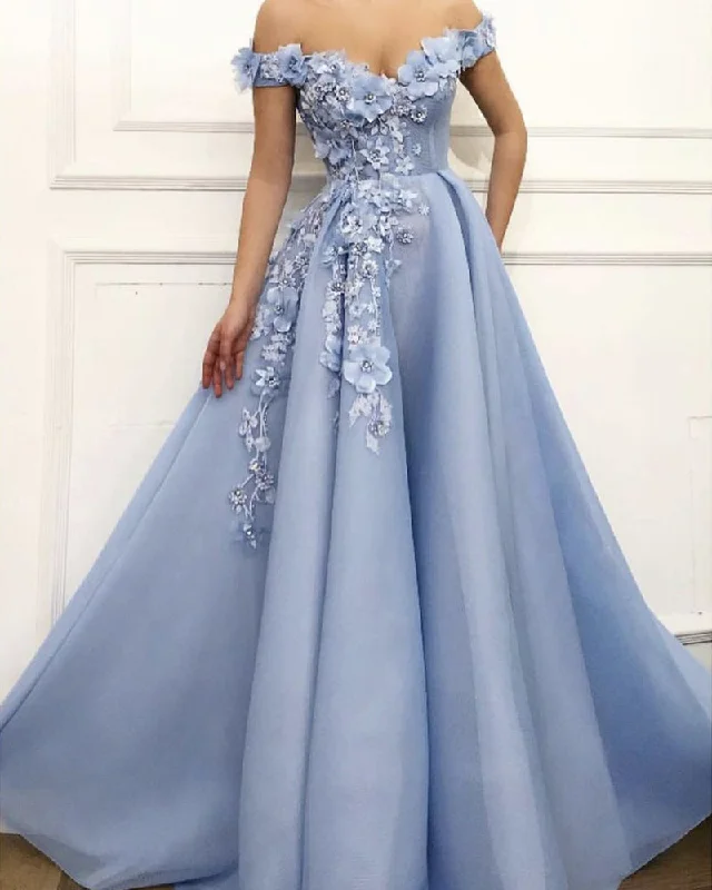 Sky blue prom dress off the shoulder formal dresses with handmade flowers