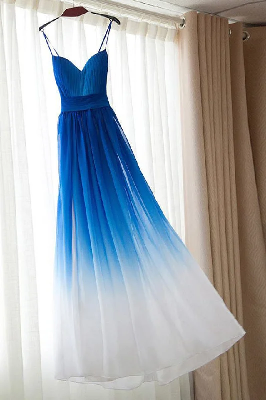 Spaghetti Strap Royal Blue Ombre Prom Dresses