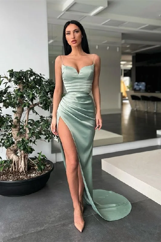 Spaghetti Straps Green Mermaid Prom Dresses With High Slit PD0444