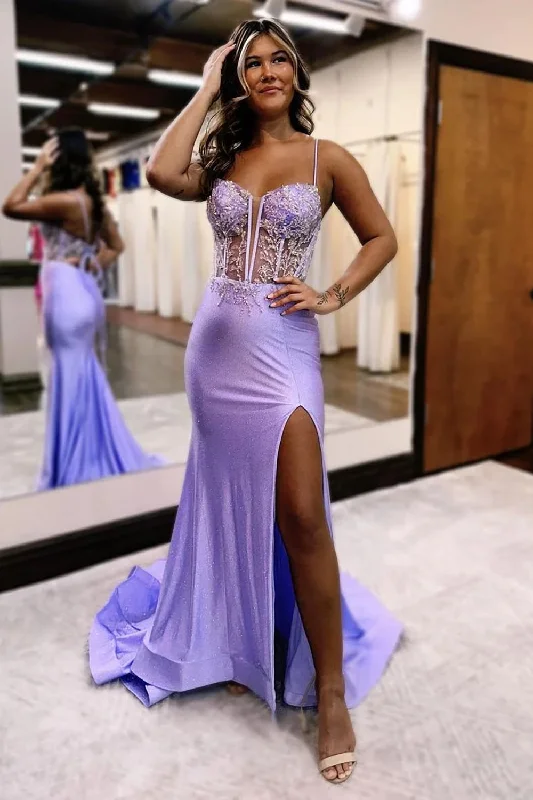 Sparkly Lilac Mermaid Spaghetti Straps Sweep Train Prom Dress With Slit