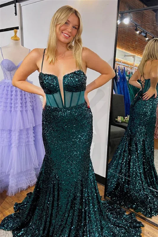 Sparkly Mermaid Spaghetti Straps Dark Green Corset Prom Dress with Criss Cross Back