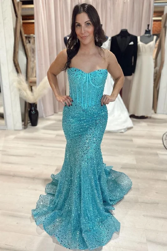 Sparkly Mermaid Sweetheart Blue Corset Prom Dress with Beading