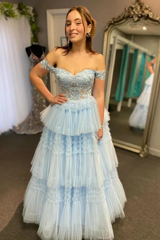 Stunning A Line Off the Shoulder Light Blue Corset Prom Dress with Ruffles Appliques