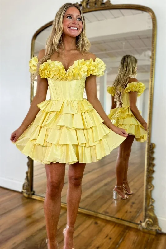 Stunning Yellow A-Line Off The Shoulder Tiered Satin Homecoming Dress