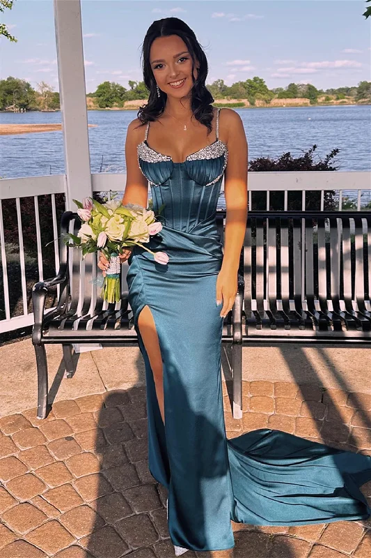 Styish Mermaid Spaghetti Straps Corset Green Prom Dress with Beading