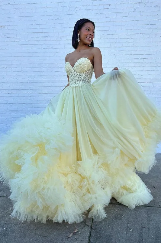 Stylish A Line Sweetheart Yellow Corset Prom Dress with Appliques Ruffles