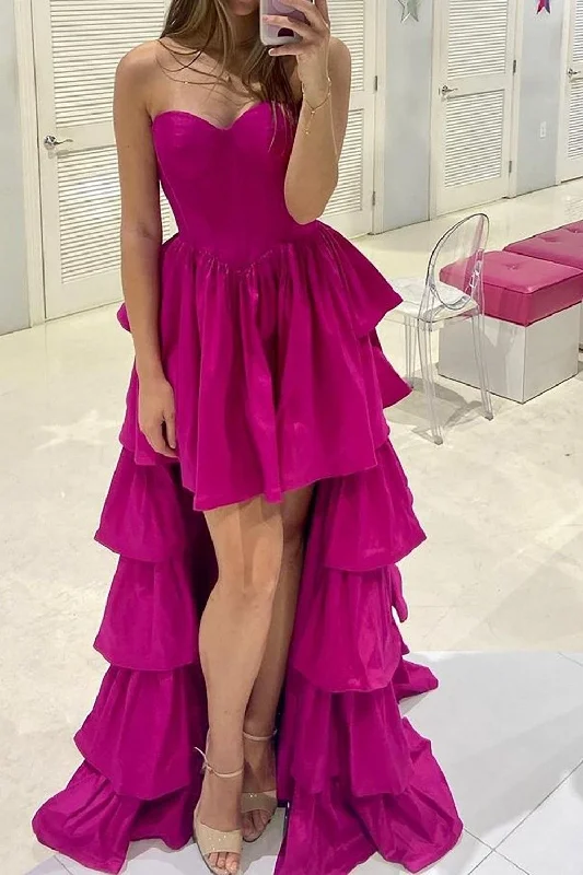 Stylish High Low Sweetheart Fuchsia Prom Dress with Ruffles