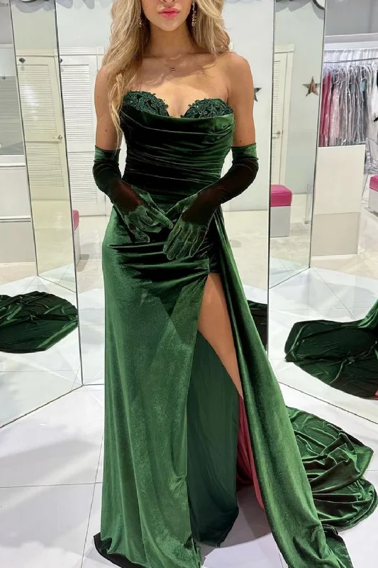 Stylish Mermaid Sweetheart Dark Green Velvet Prom Dress with Split Front