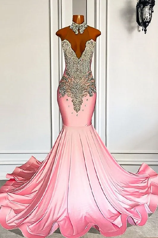 Sweetheart Silver Beaded Pink Mermaid Satin Prom Dresses