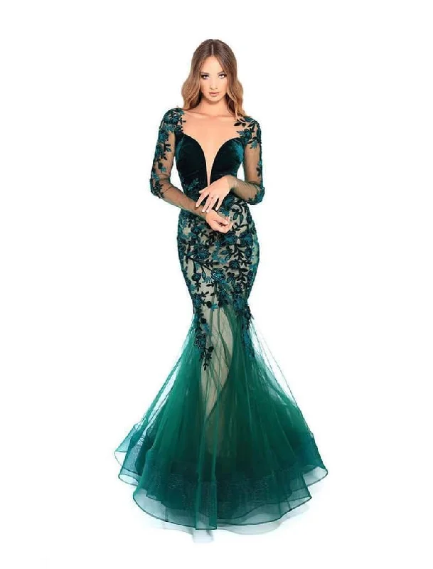 Tarik Ediz - 93656 Plunging Neck Sheer Sleeve Floral Mermaid Gown