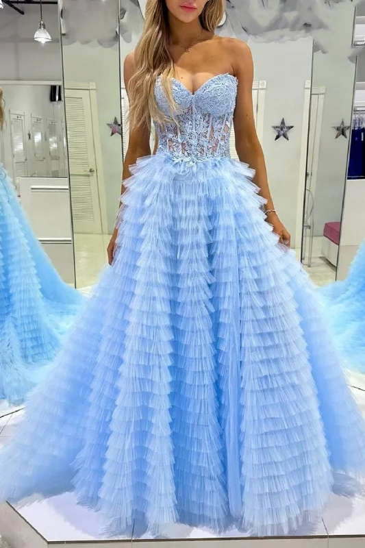 Trendy A Line Sweetheart Blue Corset Prom Dress with Appilques Ruffles