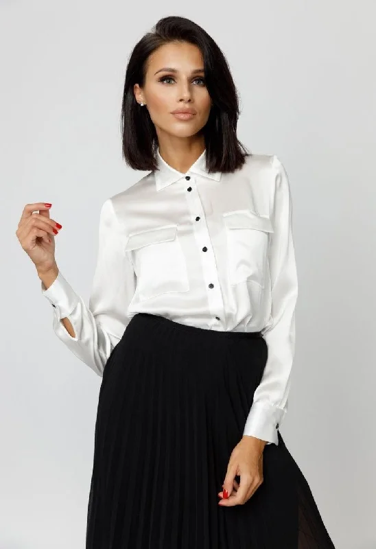 White Front-Pocket Silk Blouse