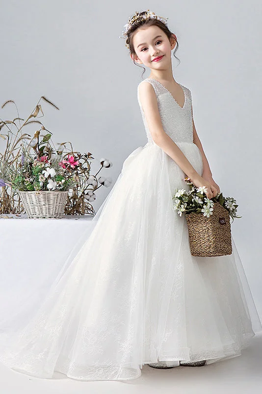 Cute V-Neck Sleeveless Mesh Flower Girl Dresses