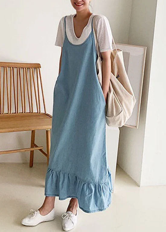 Boutique Blue Ruffled Patchwork Denim Spaghetti Strap Dress Summer LY1353