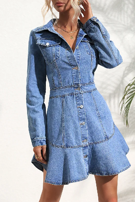 Elegant Solid Patchwork Turndown Collar Long Sleeve Denim Dresses GJ0030