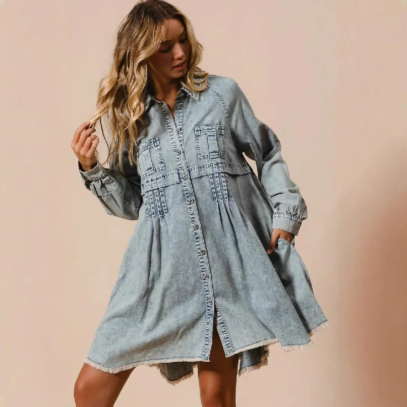 LAPEL SINGLE ROW MULTI BUTTON DENIM DRESS