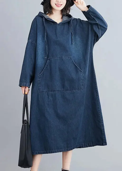 Denim Hooded Pockets Denim Long Dress