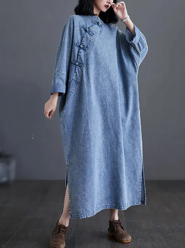 Women Buckle Denim Loose Dress