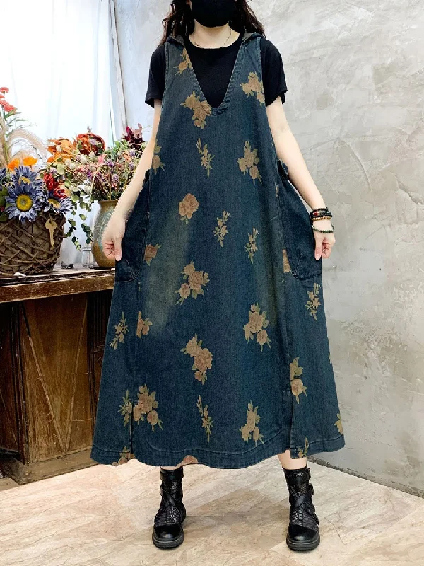 Women Summer Casual Flower Vest Denim Dress CO1048