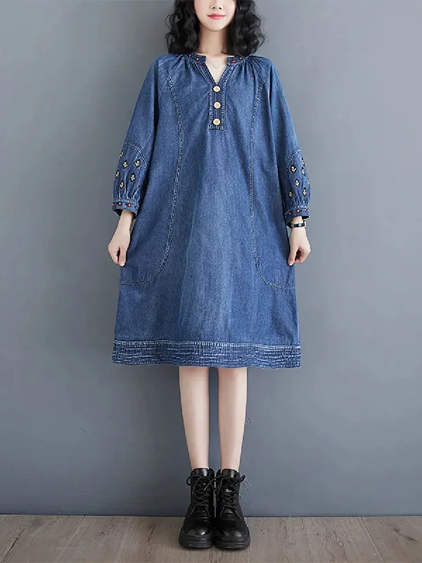 Women Embroidery Loose Denim Dress