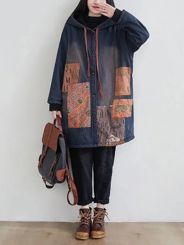 Spliced Denim Hooded Padded Coat