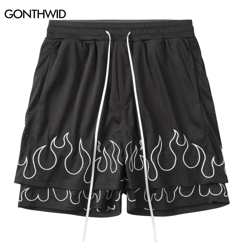 Basketball Mesh Shorts Streetwear Hip Hop Vintage Embroidery Fire Double Layer Jogger Shorts Harajuku Casual Baggy Short Pants