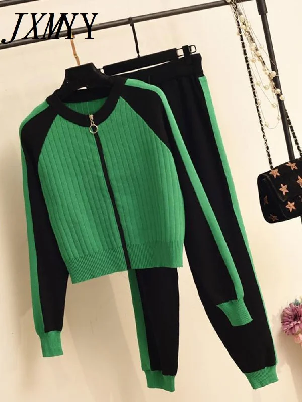 Casual Two-Piece Sweater Cardigan Jacket Women Autumn Womens Knitted Suit Baseball Sports Zip Top And Pants Set