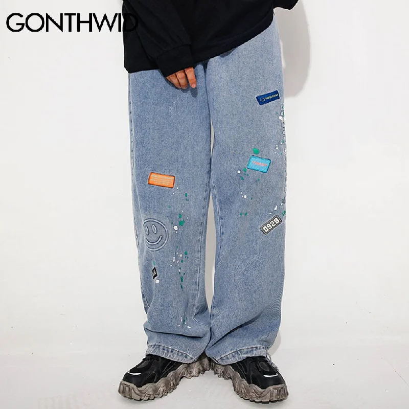 GONTHWID Smiling Face Graffiti Denim Pants Streetwear Men Hip Hop Casual Harajuku Pockets Loose Jean Pants Trousers Male