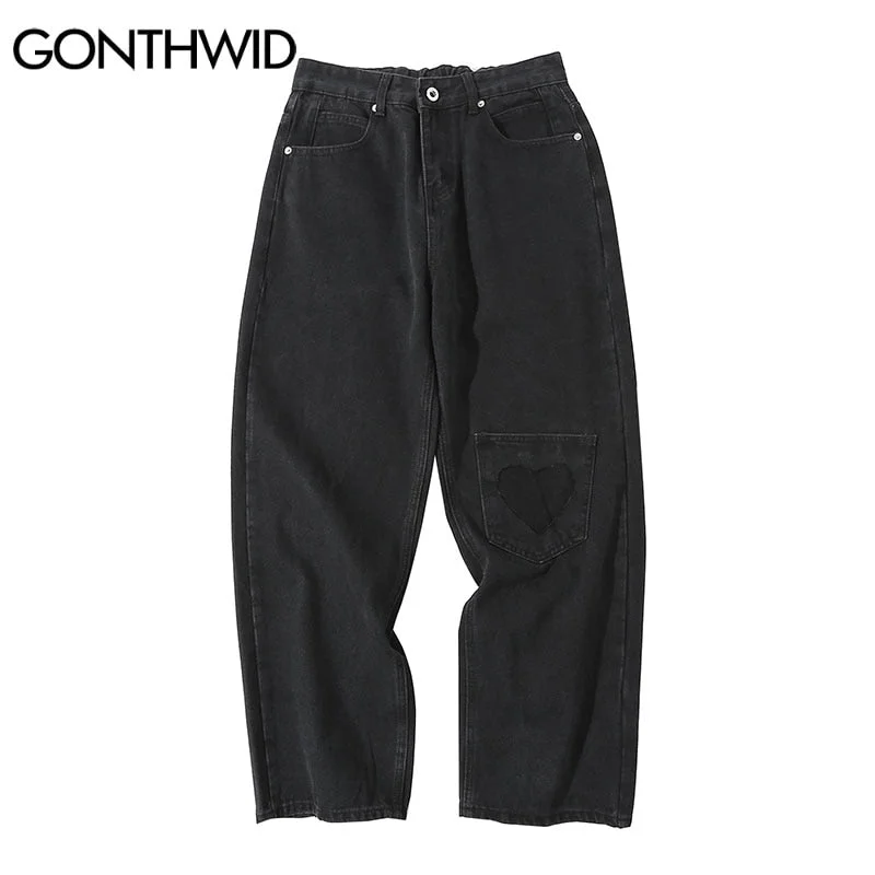 Hip Hop Baggy Denim Pants Streetwear Heart Patchwork Black Jeans Mens 2023 Harajuku Casual Loose Elastic Waist Trousers