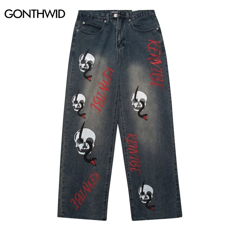 Hip Hop Denim Jeans Skull Skeleton Snake Letter Print Straight Jean Pants Streetwear Mens Harajuku Casual Baggy Trousers Blue