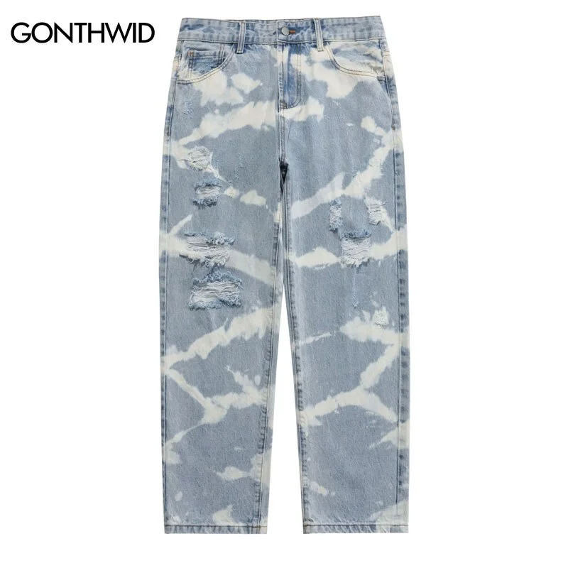 Hip Hop Denim Pants Streetwear Ripped Destroyed Hole Tie Dye Straight Jeans Harajuku Casual Loose Baggy Denim Trousers