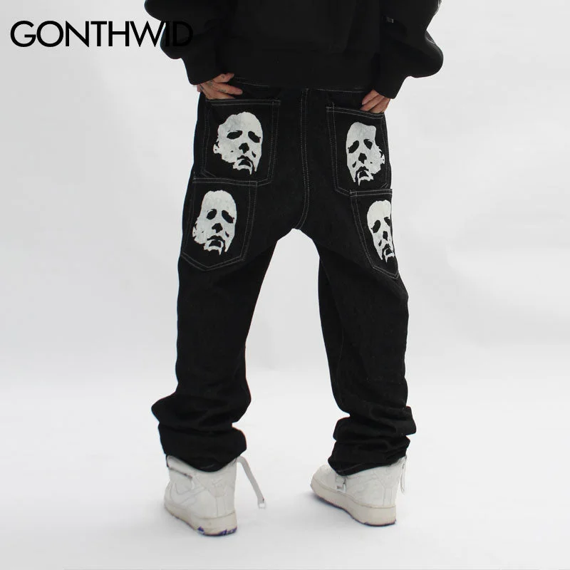 Hip Hop Gothic Denim Pants Streetwear Mens Graphic Print Baggy Punk Rock Jeans 2023 Harajuku Casual Loose Jean Trousers Black