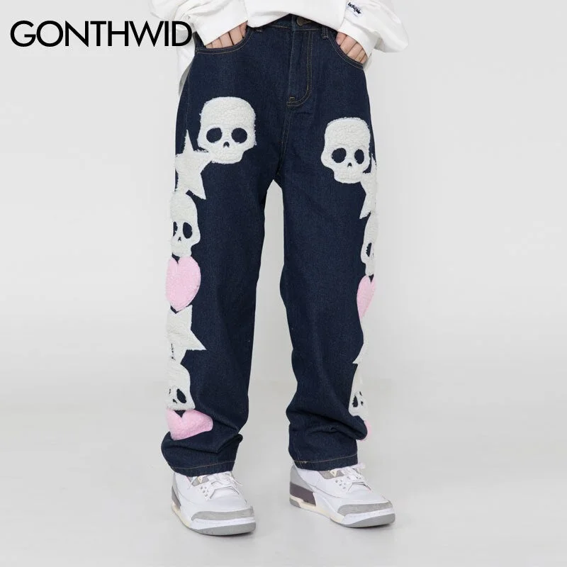 Hip Hop Jeans Pants Streetwear Mens Vintage Embroidered Skull Star Baggy Denim Jeans Harajuku Casual Denim Trousers Black Blue