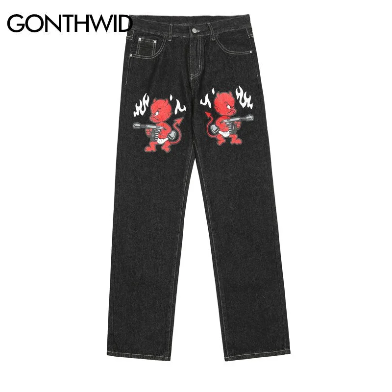 Hip Hop Mens Black Jeans Streetwear Devil Print Punk Gothic Baggy Denim Pants 2023 Harajuku Casual Loose Trousers Male