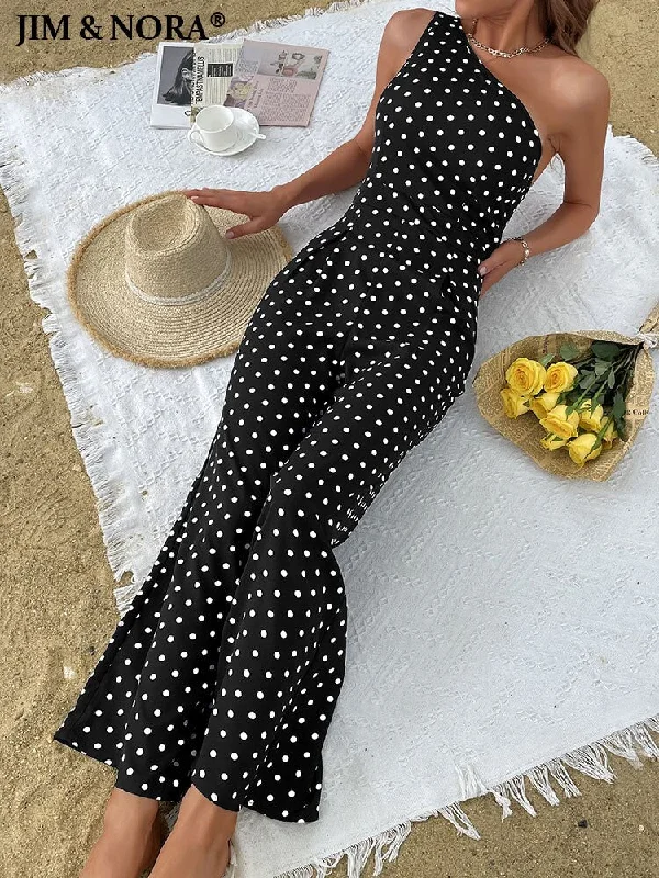 JIM & NORA One Shoulder Sleeveless Dot Printed Casual Jumpsuits Summer Wide Leg Pants Rompers Outdoor Holiday Sexy