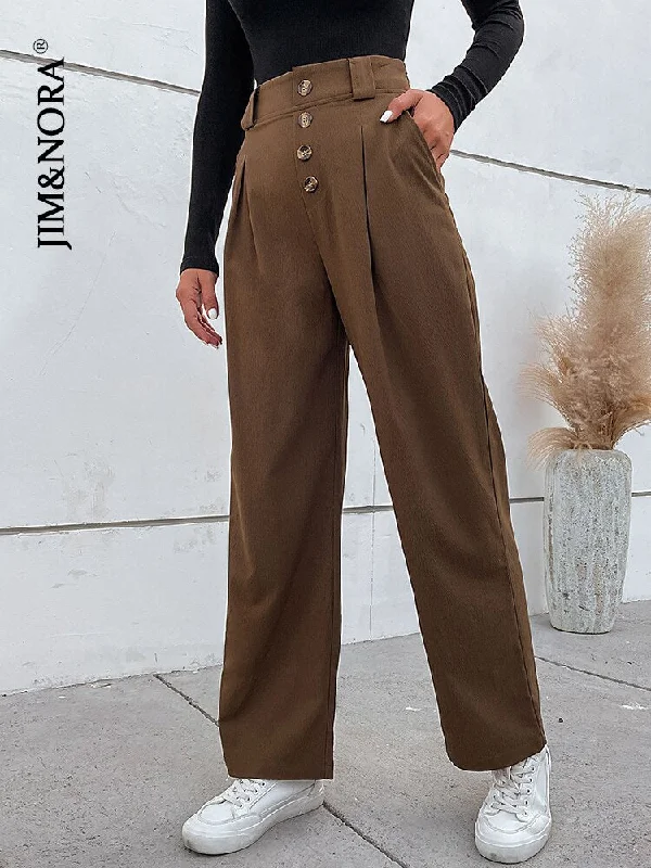 JIM & NORA Women Wide Leg Pants Loose High Waist Casual Trousers Solid Colour Office Straight Pants Ladies Bottoms Buttons