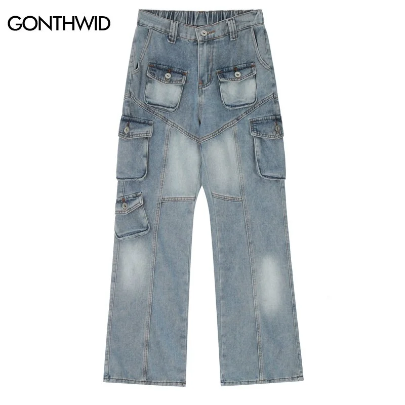 Men Cargo Jeans Y2K Streetwear Hip Hop Multi-Pockets Casual Baggy Straight Denim Pants Harajuku Loose Wide Leg Trousers