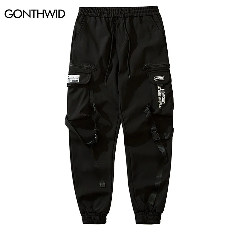 Men Cargo Joggers Pants Streetwear Hip Hop Ribbon Side Pockets Solid Harem Pants Autumn Harajuku Casual Baggy Trousers