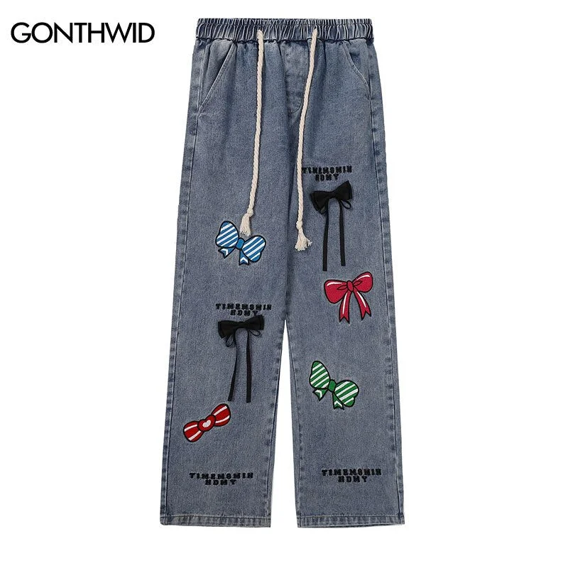 Men Jeans Pants Vintage Embroidery Bow Straight Pants Streetwear 2023 Harajuku Retro Casual Loose Baggy Denim Trousers