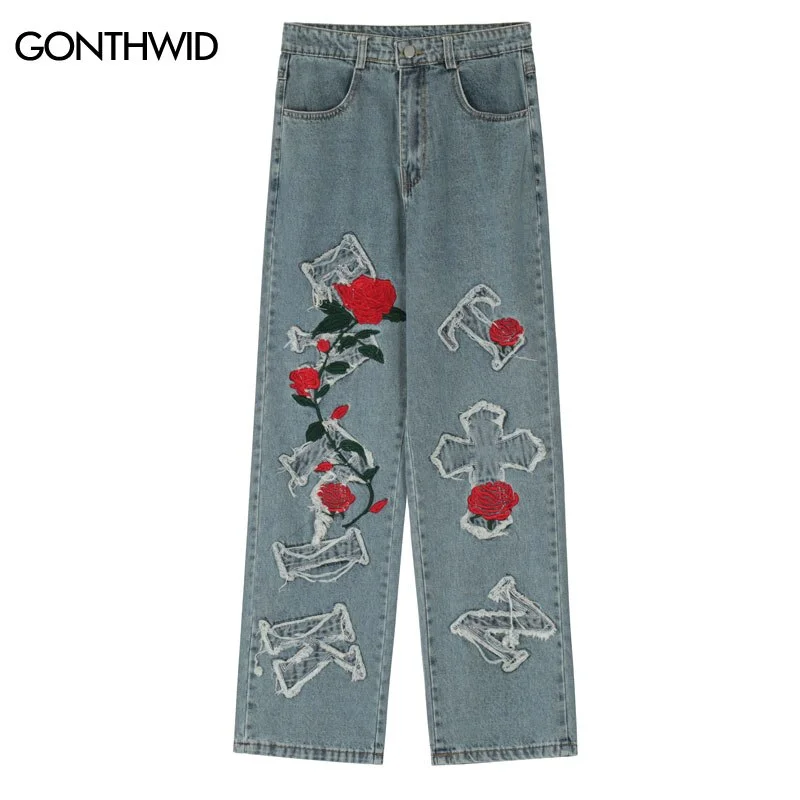 Men Jeans Streetwear Hip Hop Embroidery Cross Patch Rose Letter Straight Baggy Denim Pants 2023 Harajuku Casual Loose Trousers