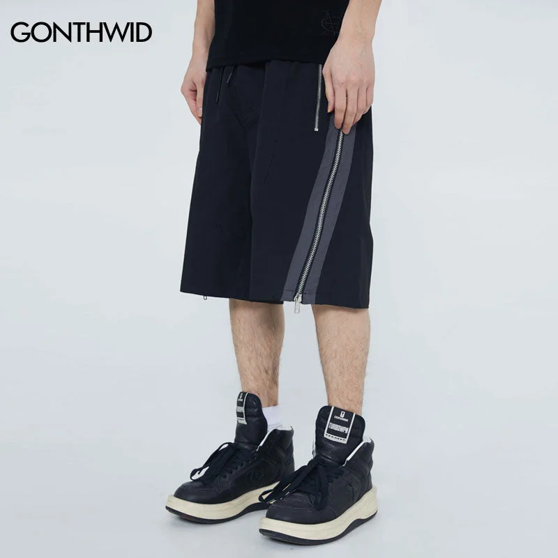 Men Shorts Streetwear Hip Hop Side Zipper Pockets Baggy Polyester Jogger Shorts Summer Harajuku Casual Loose Short Pants