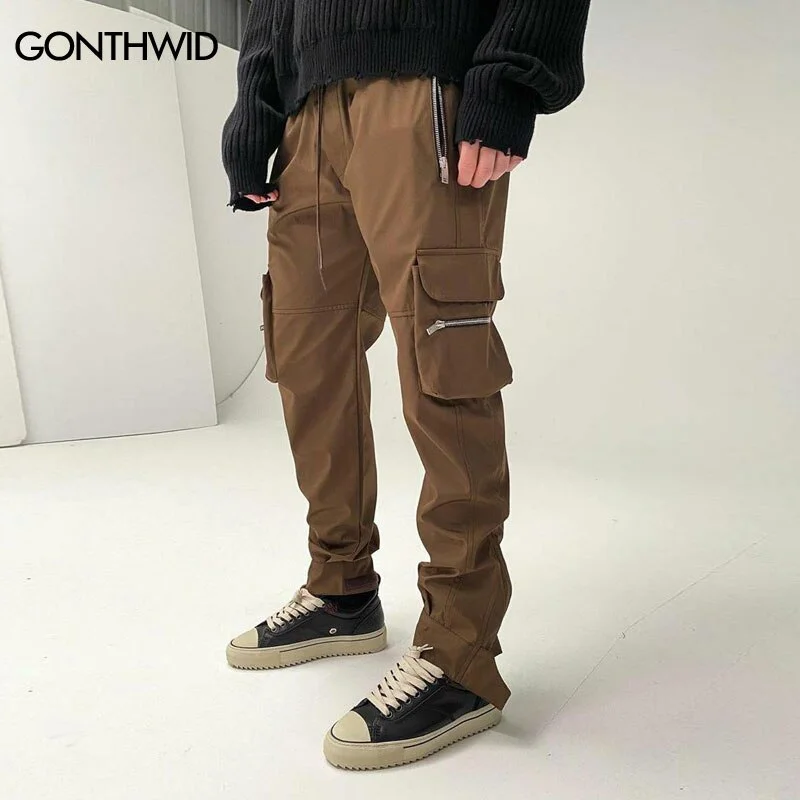 Mens Cargo Pants Streetwear Hip Hop Multi Zipper Pocket Harem Jogger Tactical Pants Casual Loose Baggy Track Trousers