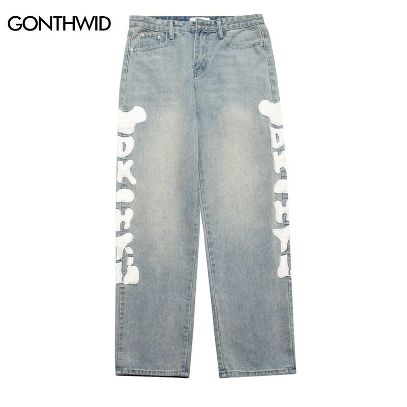 Mens Denim Jeans Streetwear Hip Hop Embroidery Letter Baggy Straight Jean Pants Harajuku Summer Casual Loose Trousers Blue Male