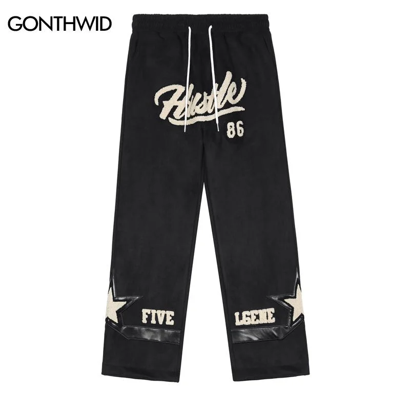 Mens Pants Streetwear Hip Hop Vintage Embroidery Star Leather Patch Casual Baggy Pants 2023 Men Fashioin Straight Trousers Male