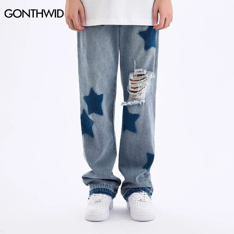 Ripped Denim Jeans Mens Distressed Hole Star Print Baggy Straight Jean Pants Streetwear Hip Hop Casual Loose Jeans Trousers Blue