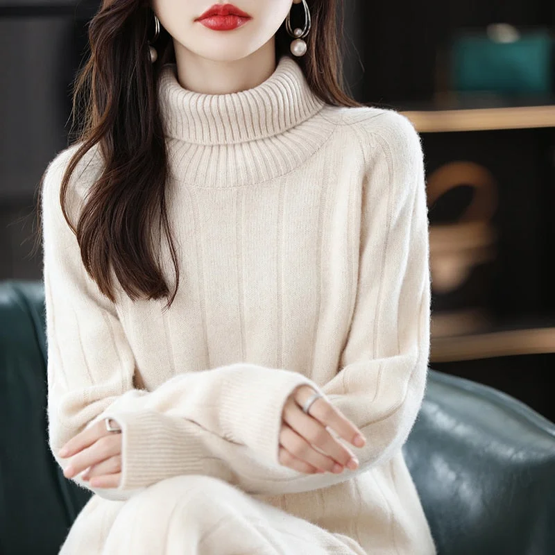 Suit 2023 Ladies Long Sleeve Turtleneck Cashmere Sweater Casual Knit Loose Wide Leg Pants Women 100% Pure Wool Suit