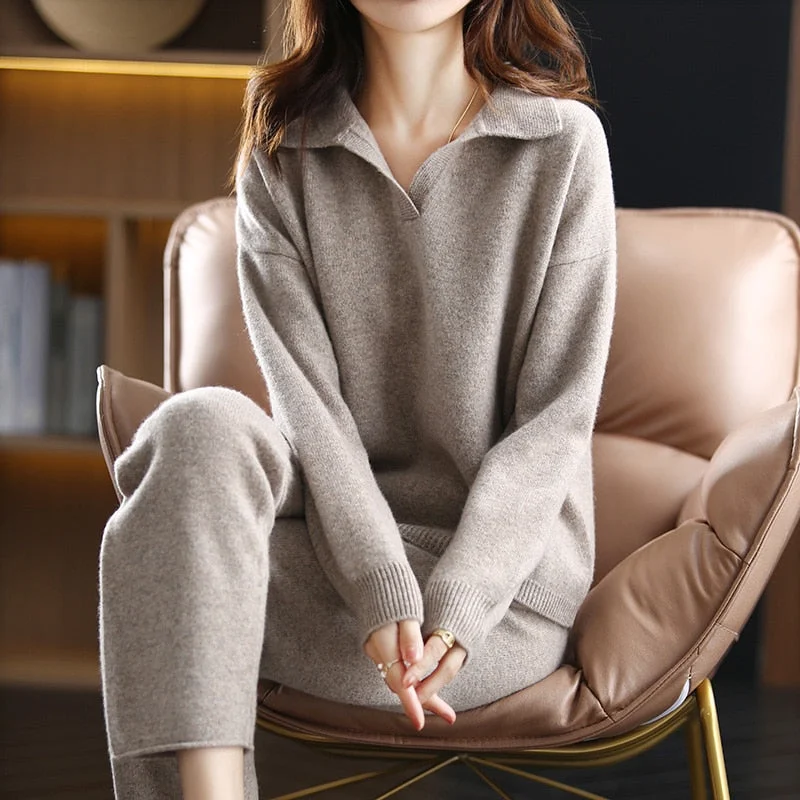 winter 2023 cashmere suit women loose lapel sweater temperament casual wide-leg pants knitted 100% pure wool two-piece suit