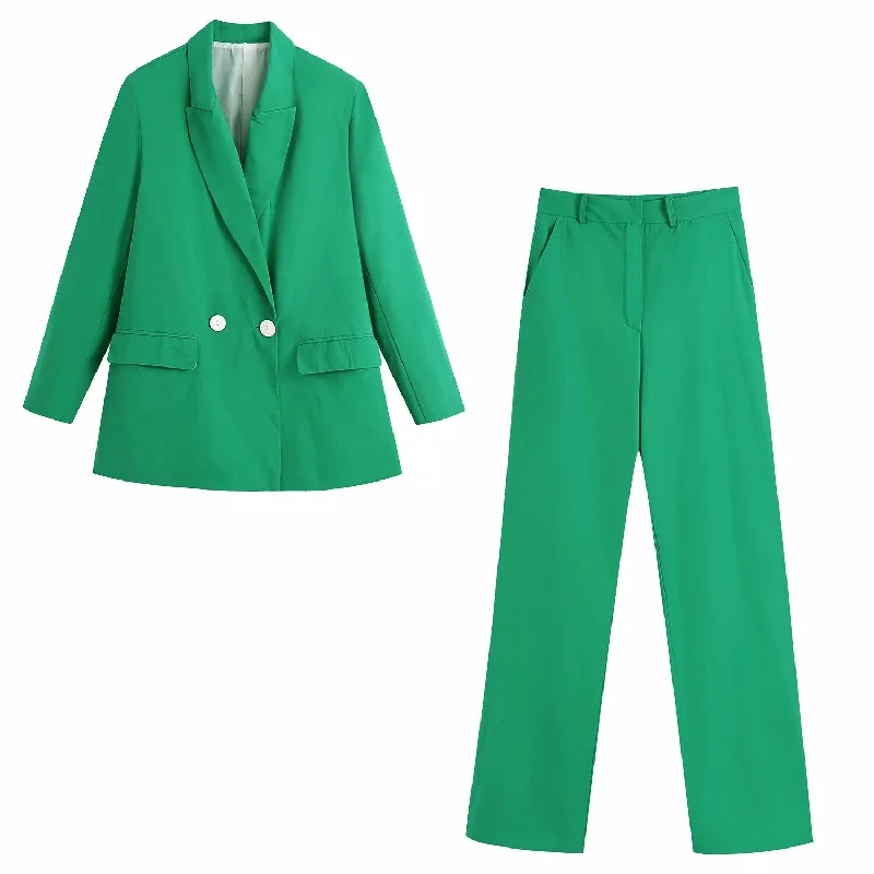 Women Office Wear Double Breasted Blazers Coat Vintage Long Sleeves Outerwear And High Waist Casual Pants Suit Set