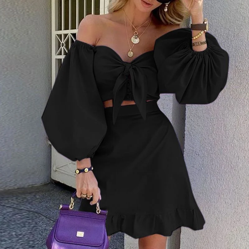 CHICDEAR 2023 Fashion Dress Sets Sexy Off Shoulder Lantern Sleeve Short Tops And Ruffles Hem Mini Skirts Suits Women 2 Piece Sets