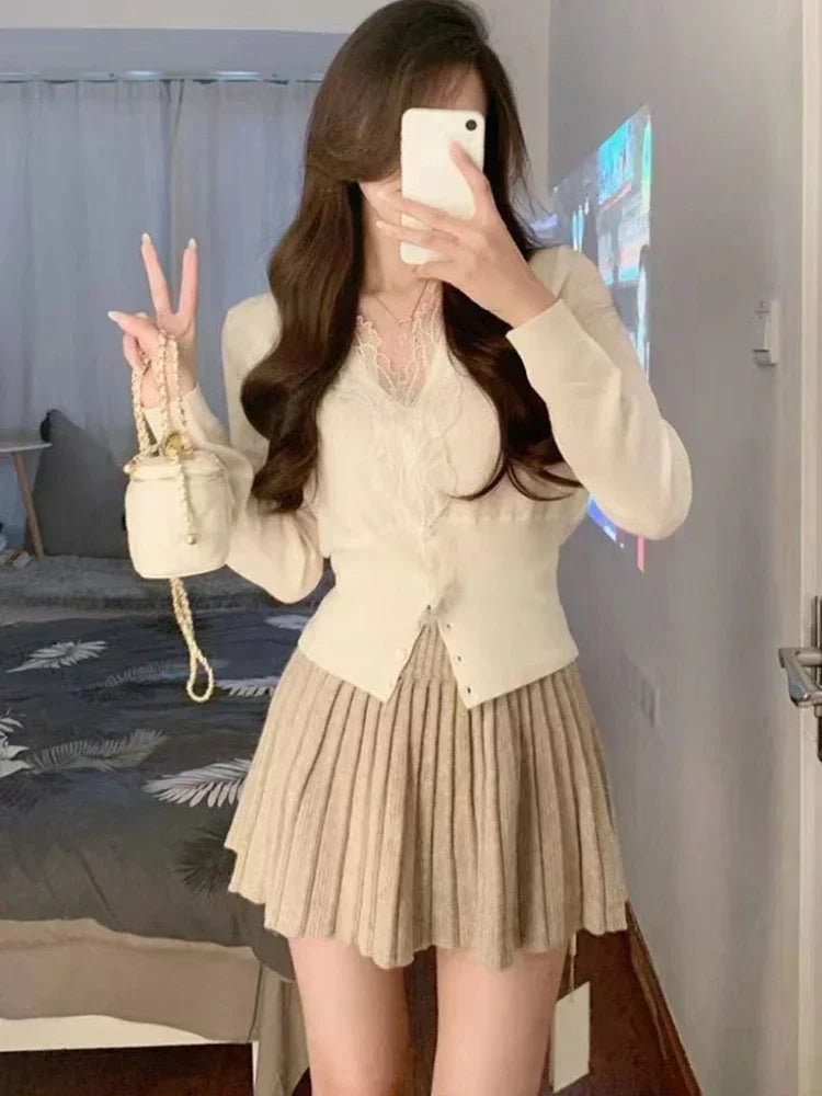 Girlary Autumn Women French Long Sleeve Cardigan + High Waist Mini Skirt Korean Fashion Suits Elegant Office Lady 2 Piece Dress Set